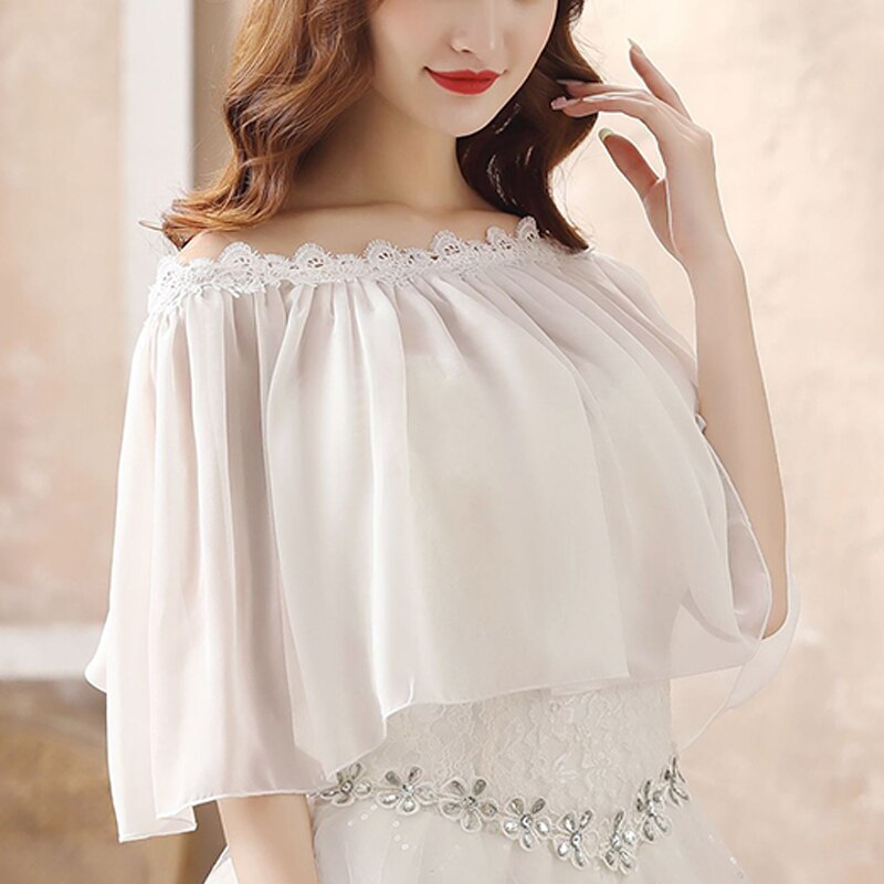 Women Summer Thin Shoulder Off Ruffle Wonderful Chiffon Shawl Lady Solid Soft Formal Applique Evening Wrap Ivory: Default Title