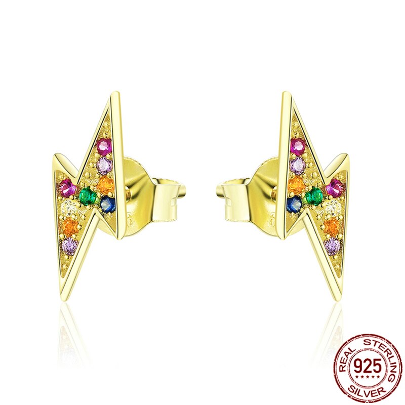 pendientes de tuerca con Flash para mujer, de Plata de Ley 925 auténtica, Color dorado y plateado, joyería, aretes pequeños para