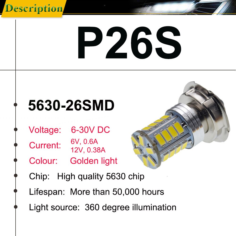 1 stk led pære  p26s citron gult lys atv scooter motorcykel forlygte lampe 6v 12v dc motor knallert motorcykel 5730 26 smd forlygte