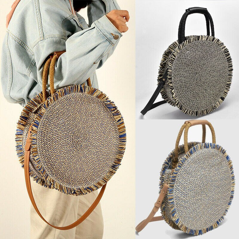 Bolsa de paja para playa para mujer, bolso redondo de tejido bohemio, bolso de mimbre de paja Vintage, bolso de playa con flecos, bolso de mano con flecos