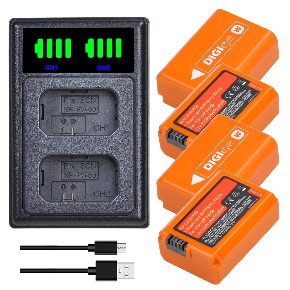 2160Mah NP-FW50 Np FW50 NPFW50 Batterij Voor Sony Alpha A7 A7II A7R A7RII Alpha A6000 A6300 A6400 Met Led dual Charger: 4 battery 1 charger