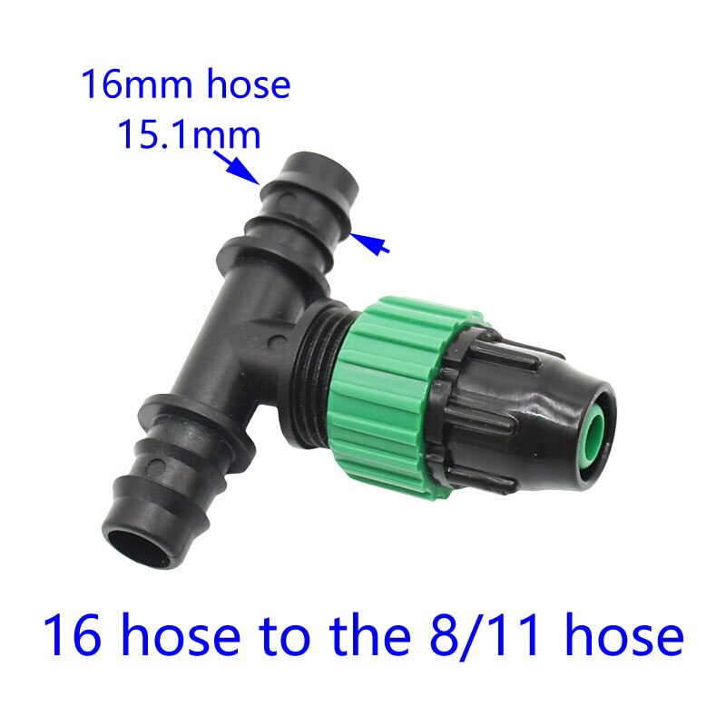Udvendigt gevind 1/2 3/4 "  to 8/11 slange reducerende tee barb haveslange 16mm 20mm til 9/12 slange tee-stik 3- vejs stik 1 stk: 16 to 8 i 11 slange