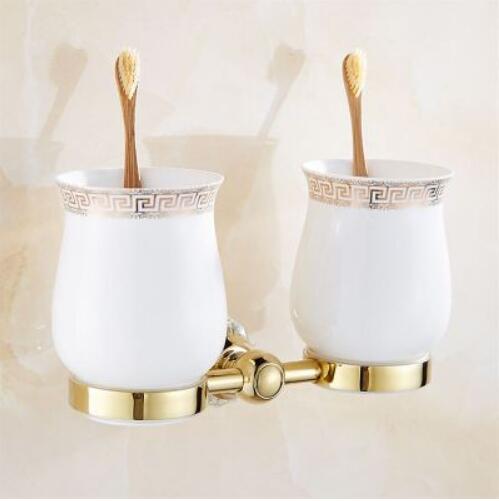 Clear Crystal Bathroom Accessories Sets Silver Polished Gold Towel Rack Toilet Brush Holder Solid Brass Bathroom Hardware Sets: double tumbler holde