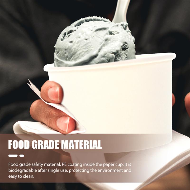 50Pcs Disposable Ice Cream Paper Cup With Lid For Cake Bowls Yogurt Storage Kitchen Plastic Containers Unprinted Smooth Cold