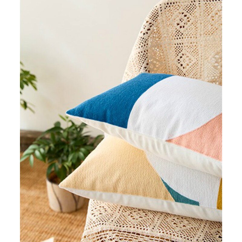 DUNXDECO Kussenhoes Taille Decoratieve Kussensloop Abstracte Artistieke Eenvoudige Geometrische Katoenen Draad Borduurwerk Beddengoed Coussin