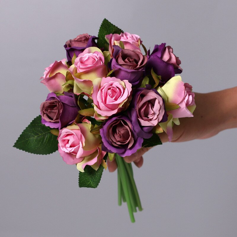 12Pcs Artificial Flowers Rose, Silk Roses Bridal Wedding 1 Bouquet Decoration Home Office Party Decor Arrangements: Pink and Purple