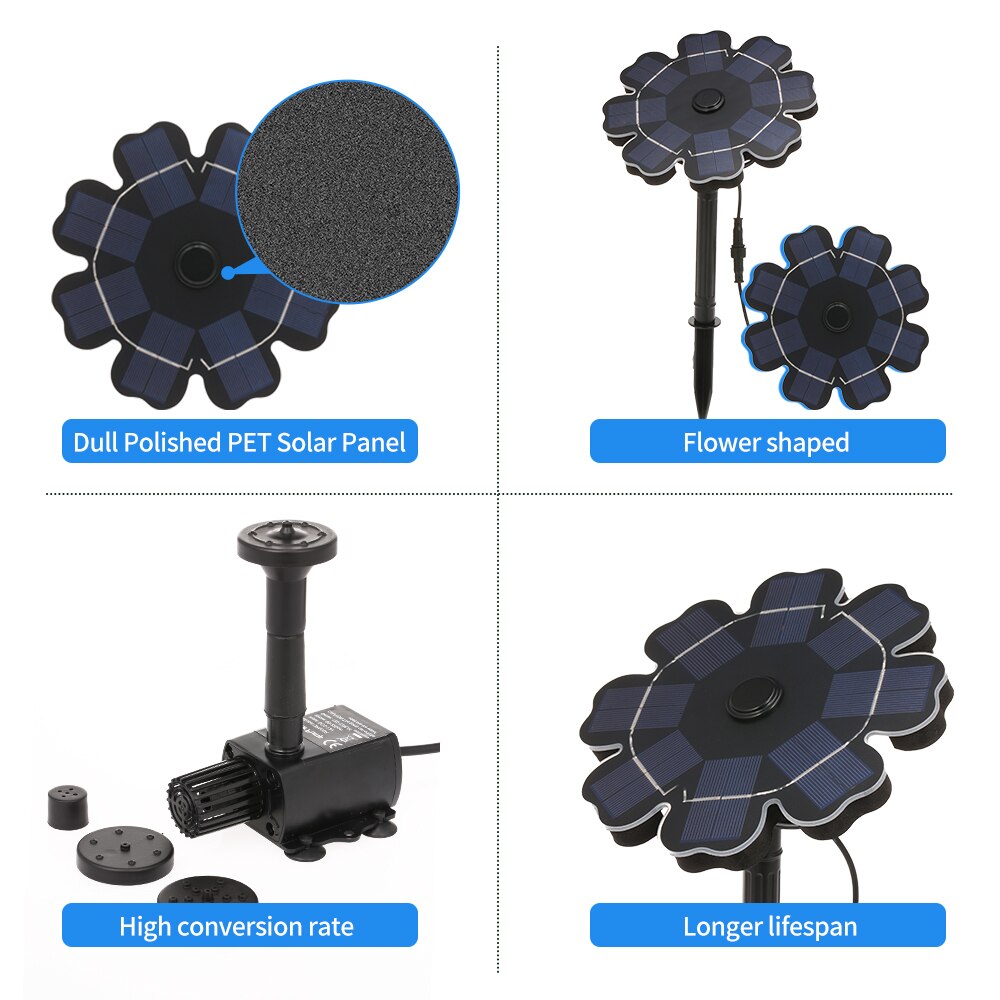 Solar Fountain Pump for Bird Bath Flower Shaped Solar Panel with Stake 7.7"/2.5W Solar Powered Sprinkler Fountain Pump
