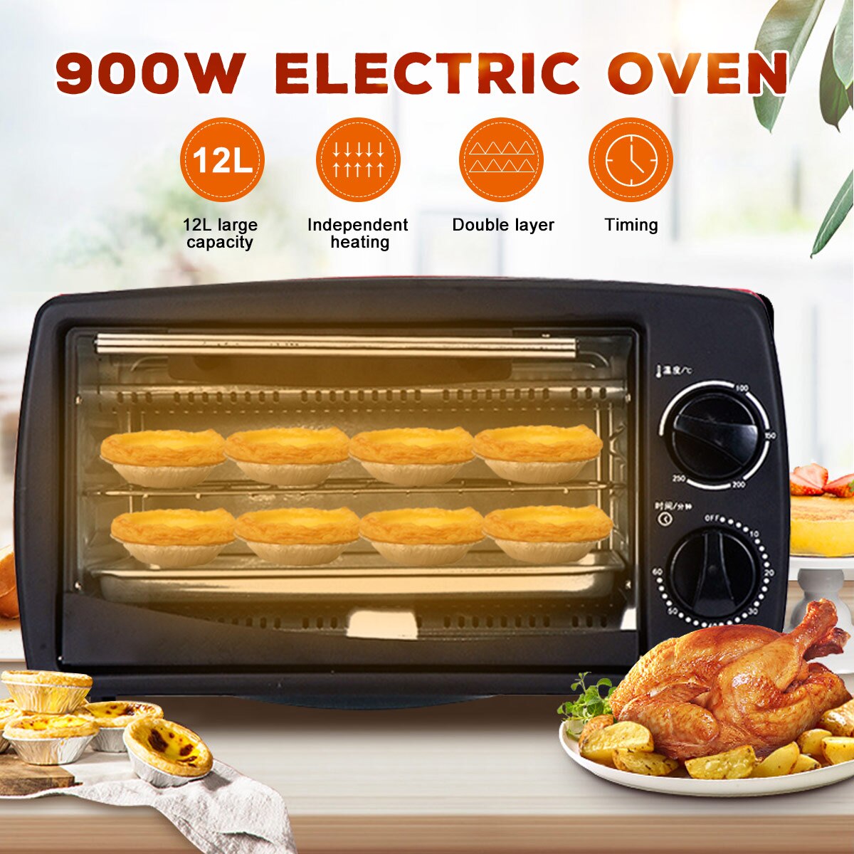 900W 220V Mini Oven Multifunctional Household Electric Oven Intelligent Timing Kitchen Baking Toaster Grilled Chicken Wings