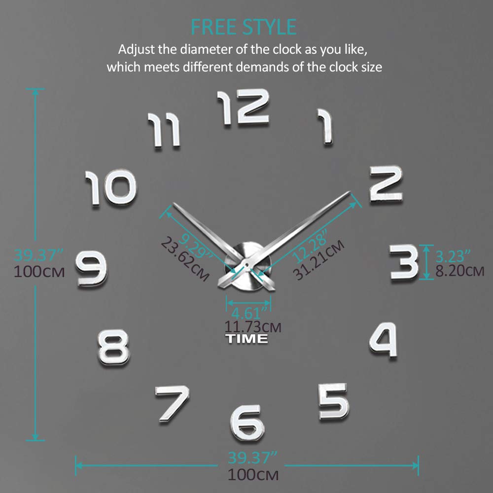 Rammeløs diy digital veggklokke 3d akryl speil veggur stor stum vegg klistremerker til stue soverom hjemme dekorasjoner