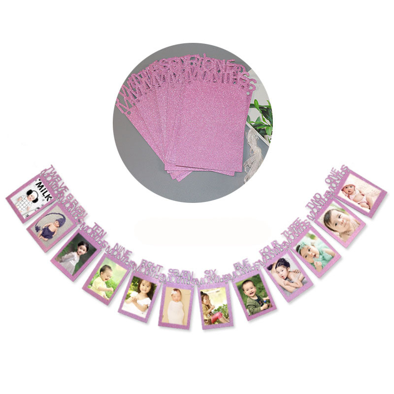 Marco de fotos de 12 meses, cartel para primer cumpleaños, decoraciones para primer bebé, niño y niña, suministros para fiestas de 1 año, dorado, rosa y plateado: Rosa