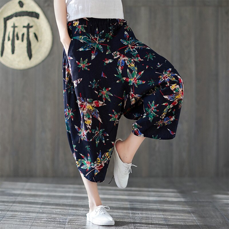 Pantalones de lino y algodón con estampado Floral para mujer, pantalón holgado de pierna ancha, estilo harén Retro nacional: Color5