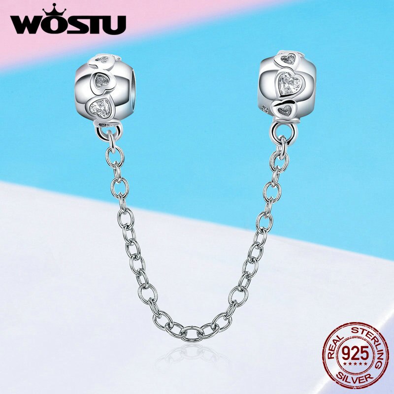 WOSTU 100% 925 Sterling Silver De-lovely Heart Safety Chain Charm fit Beads Bracelet Necklace DIY Jewelry Making CQC736