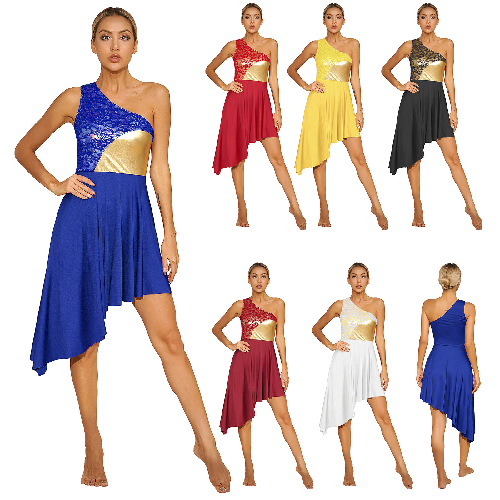 Womens Moderne Lyrische Wals Ballroom Dance Dress Kerkkoor Lof Kostuum Één Schouder Asymmetrische Zoom Jurken Danskleding