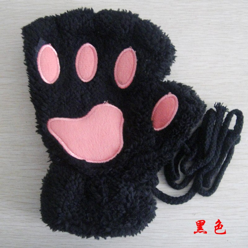 Gants de dessin animé chat fille, mitaine épaisse peluche ours patte demi-doigt G22: Black