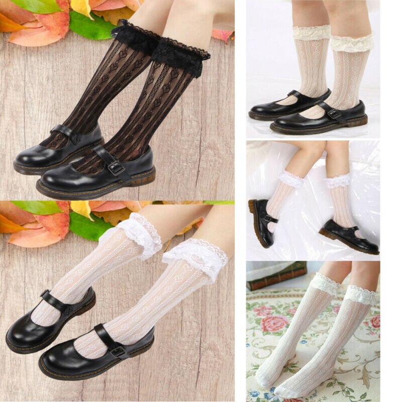 Meninas adorável lolita rendas floral meias plissado macio plissados elástico fishnet curto tornozelo meias preto branco