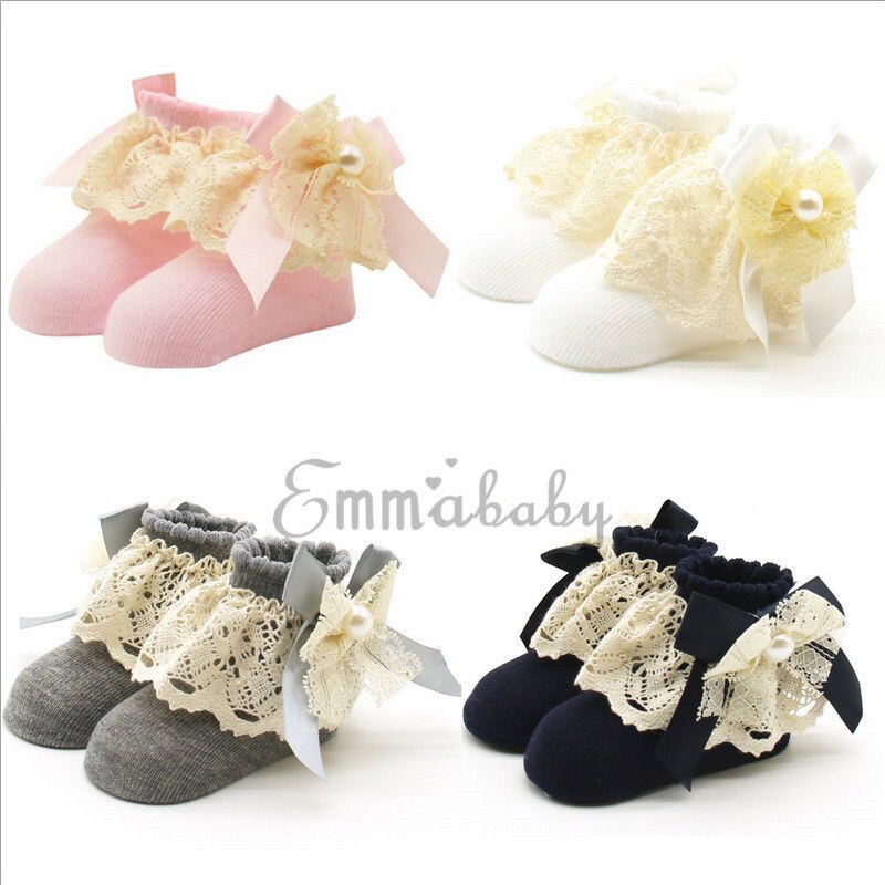 Miúdos bonitos Do Bebê Meninas Lace Ruffle Folhos Ankle Bow Meias Princesa Meias de Algodão Meias Curtas