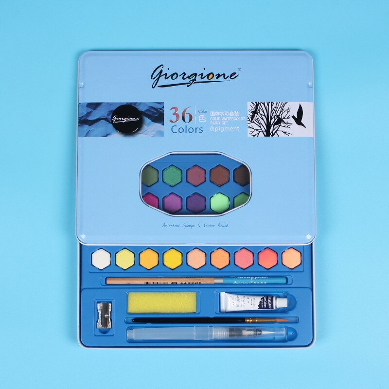 36/48 Kleuren Aquarel Palet Tin Set Met Water Borstel Aquarel Veld Schets Sets Professionele Kunst Schilderen Leveringen: 36 color-Blue tin