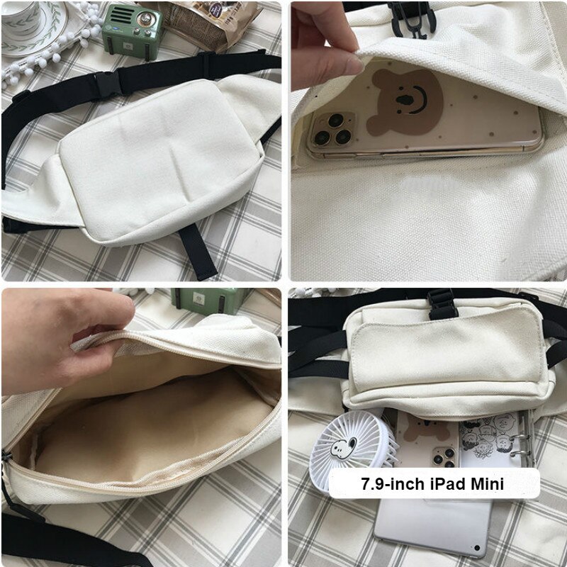 Riñoneras de estilo Harajuku para mujer, Canvans de carga combinables, a la , sencillas, Ulzzang, carteras para estudiantes, bolso diario