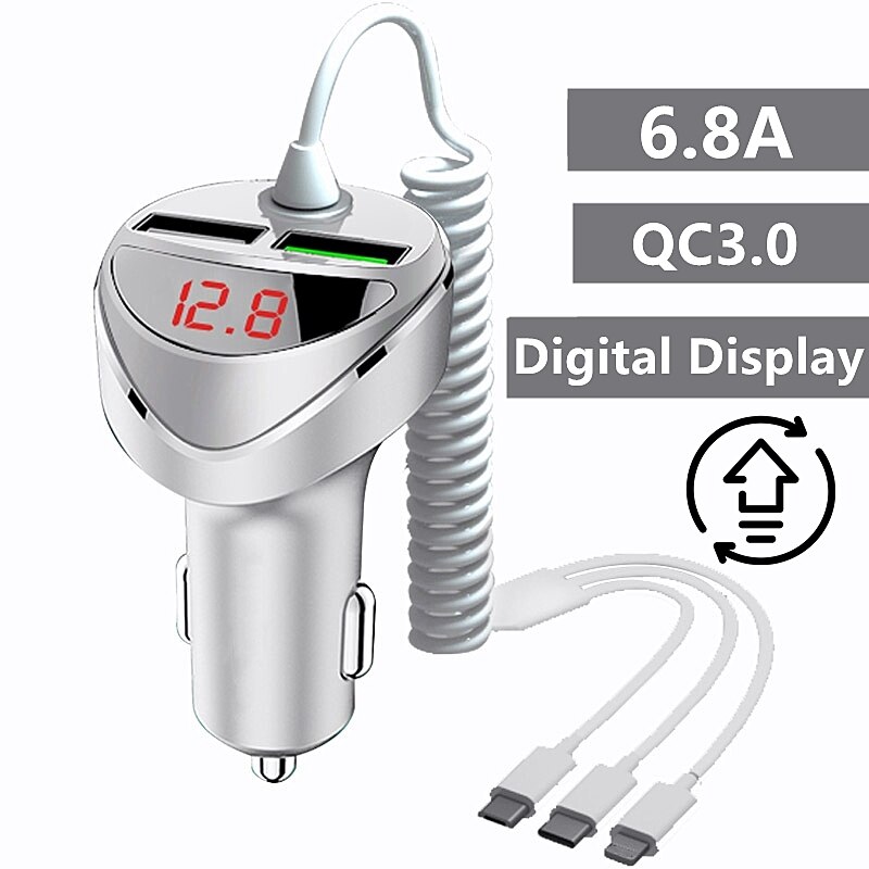 QC 3.0 Quick Car Charger With 3 in 1 USB Cable For iphone 11 7 Samsung Xiaomi Huawei Micro USB Type C Fast Phone Charge Charger: QC3.0 With Display W