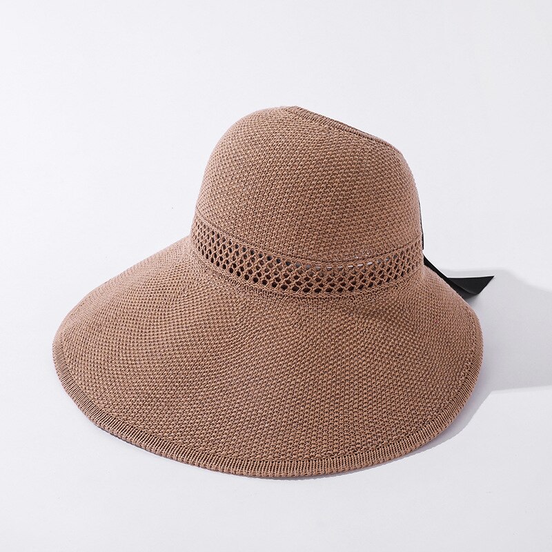 Zomer Boog Zon Hoeden Lege Top Hat Vrouwen Uitsparing Strand Hoed Vrouwen Zon Cap Lint Knit Raffia Zonnehoed uv Protction Caps: Khaki