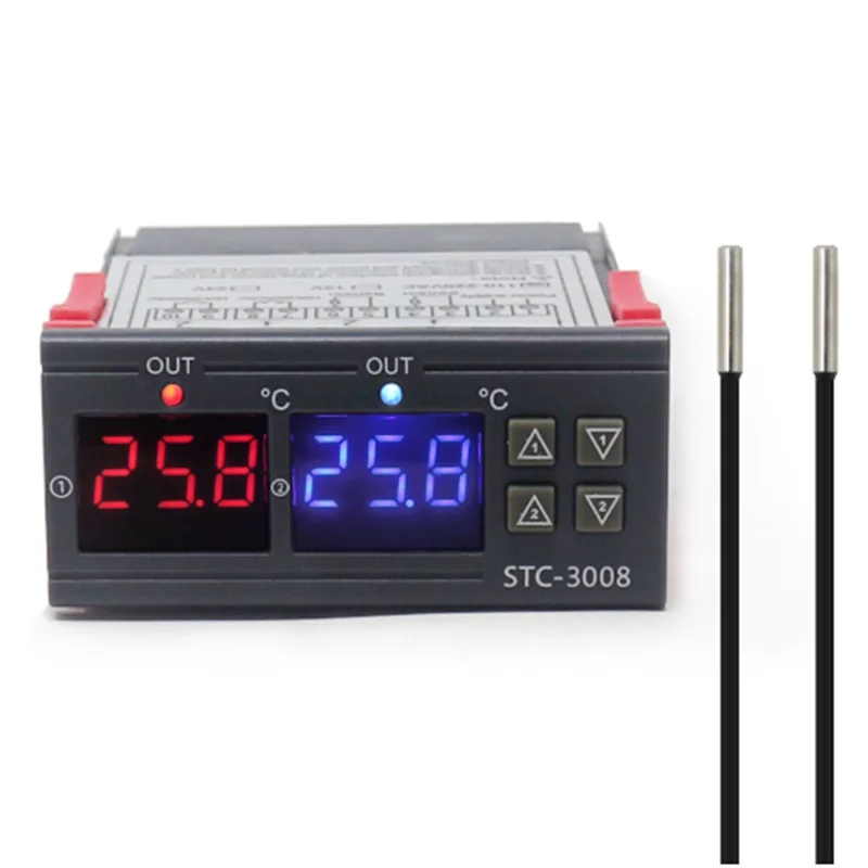 Controlador de temperatura Digital Dual STC-3008, calentador de termostato de dos salidas de relé con sonda de 12V, 24V, 220V, calor frío para refrigerador doméstico