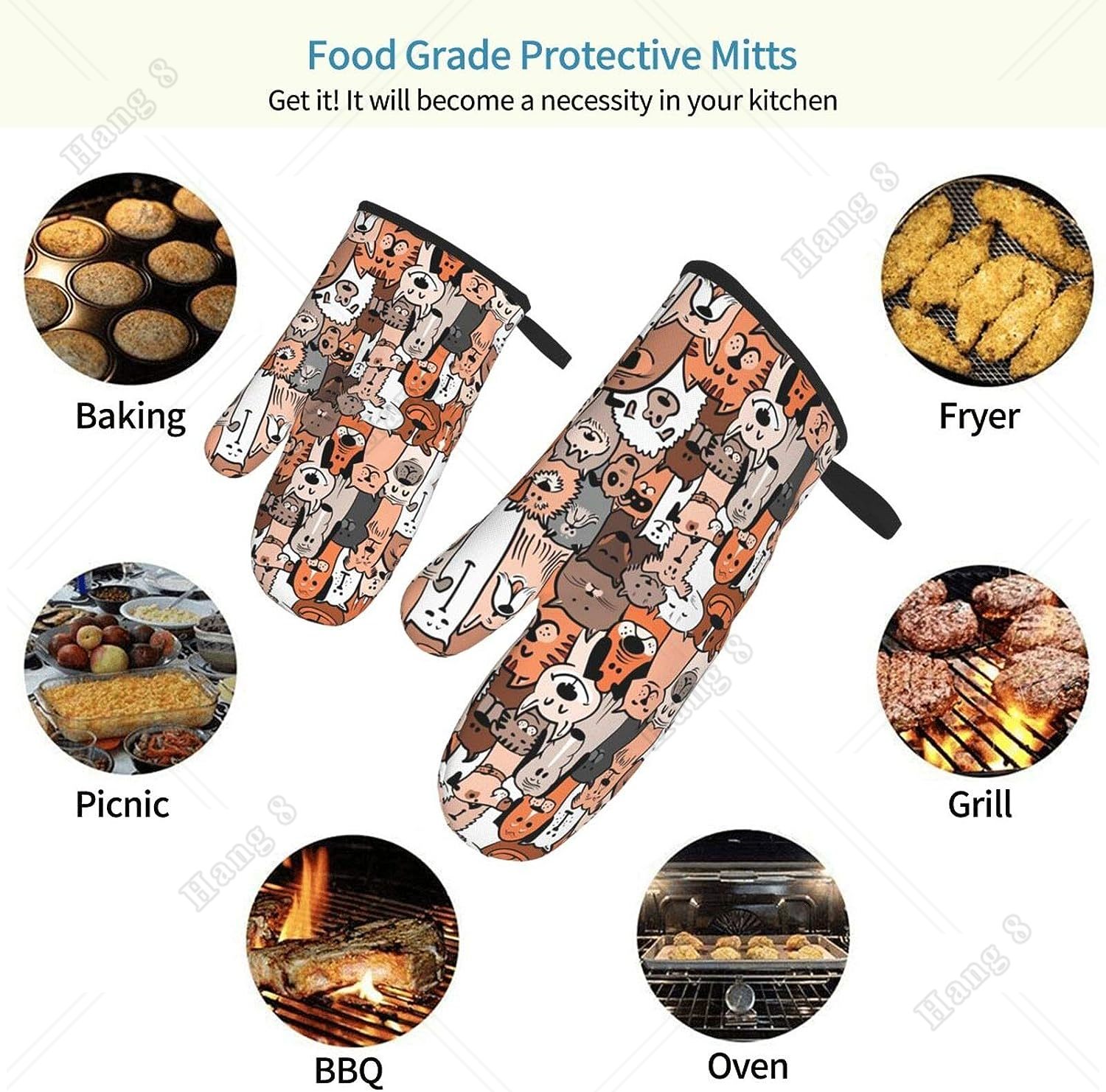 Rękawice kuchenne z nadrukiem gryzmolić dla kotów i psów Odporne na ciepło wodoodporne rękawice kuchenne z wewnętrzną warstwą bawełnianą robić gotowania, grillowania i pieczenia