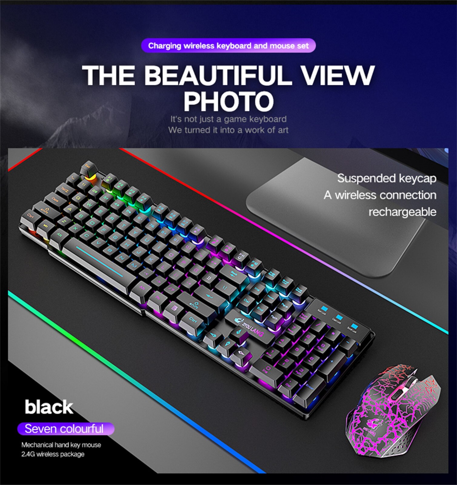 Wireless Gaming Keyboard and Mouse Combo with Rainbow LED Backlit Rechargeablle Switch Gaming Keyboard Detachable Cable #T2