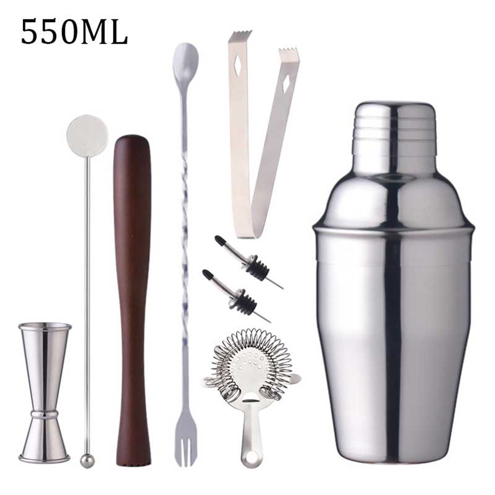 Bar Shaker Cocktail Zubehör Barware Boston Trinken Für Bartender Set Jigger Werkzeuge Edelstahl Mixer 550/750ML Holz rack: 550ML 9 Pcs