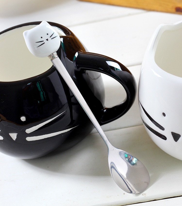 Keramiska söta kattmuggar med sked kaffe te mjölk djurkoppar med handtag 400ml drinkware nice