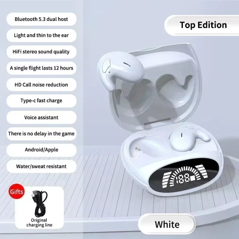 Mini smertefrie, tynne hodetelefoner med støydemping og vanntett bluetooth 5.3 trådløs hodesett egnet for søvn/sport: Hvit