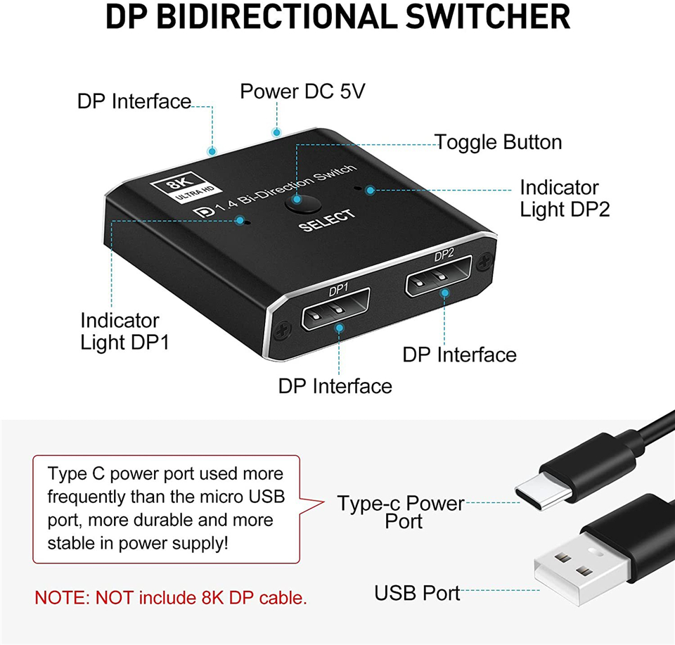 2 x 1 1 x 2 displayport dubbelriktad switch 8k @ 60hz 4k @ 120hz manuell dp dubbelriktad switch 2 in 1 utgång för pc-skärm projektor tv