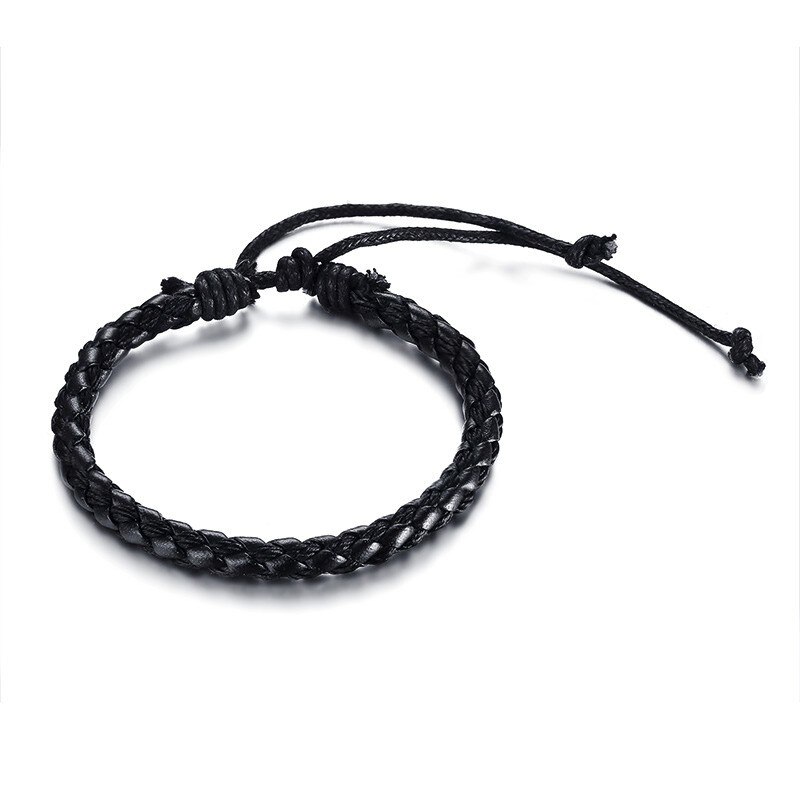 Men Adjustable Braided Leather Bracelet in Black: Default Title