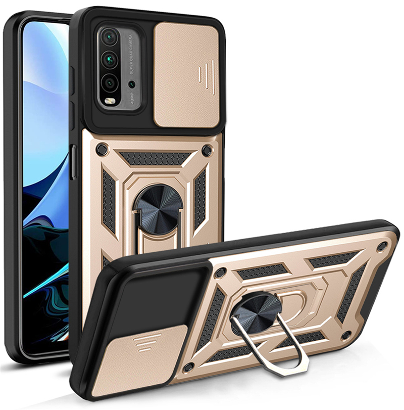 Für Xiaomi Redmi 9 T Magnetische Ring Stehen Stoßfest Rügestochen Telefon fallen Für Redmi 9 T gleiten drücken ziehen Kamera objektiv Schutz Abdeckung: Gold