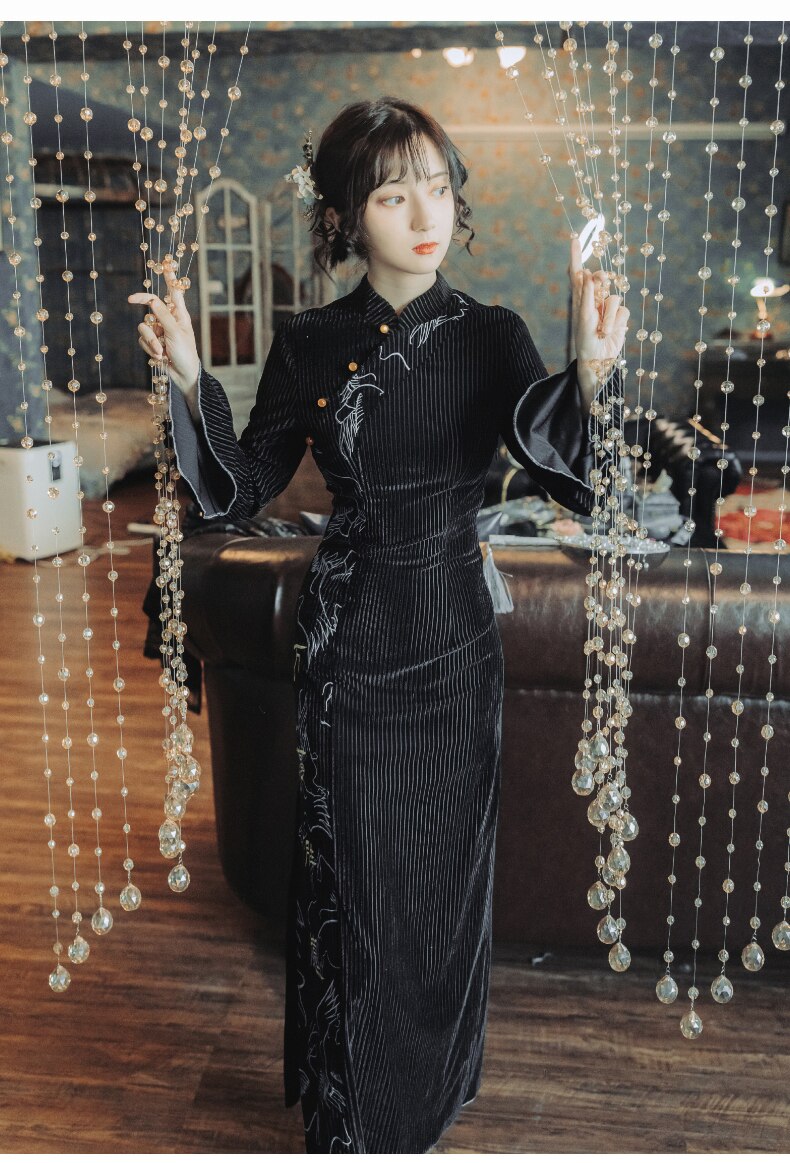 Chinese Retro Cheongsam Meisje Gemodificeerde Jurk Elegante Zwarte Goud Fluwelen Sexy Lange Rok Vrouwen Chinese Qipao Jurk: L