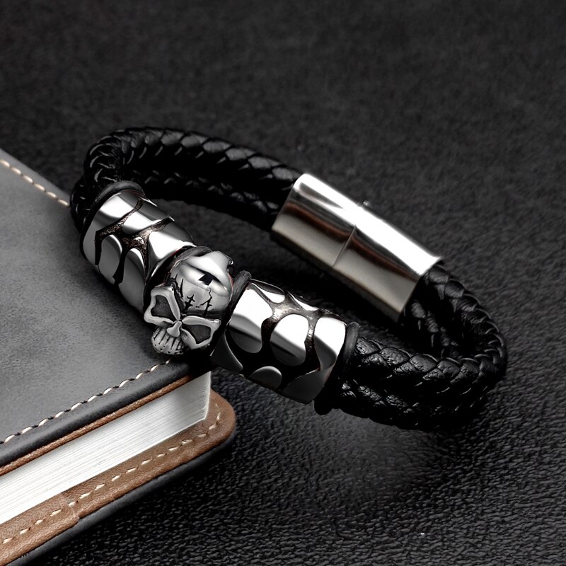 Bohemian Ghost Head Stainless Steel Bracelet Braided Leather Cloud Accessories Men&#39;s Bracelet 7 Day