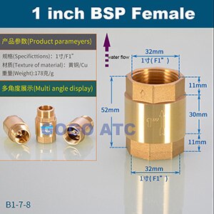 DN15/DN20/DN25 1/2 3/4 1 inch brass In-Line spring vertical check valve for Water meter female male one way valve: B1-7-8