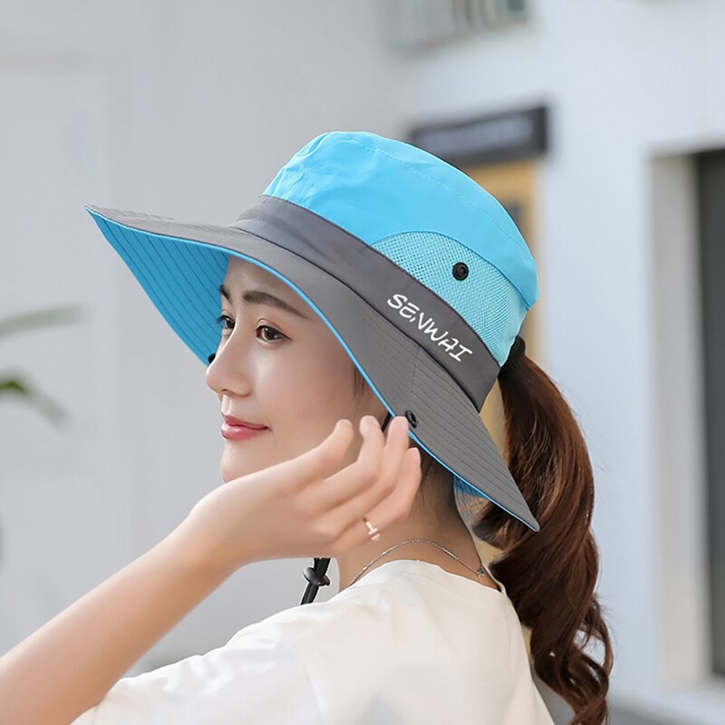 Hiking Caps Bucket Hat Wide Brim Quick Drying Breathable Foldable Sunshade Sun Ponytail Cap With Chin Strap