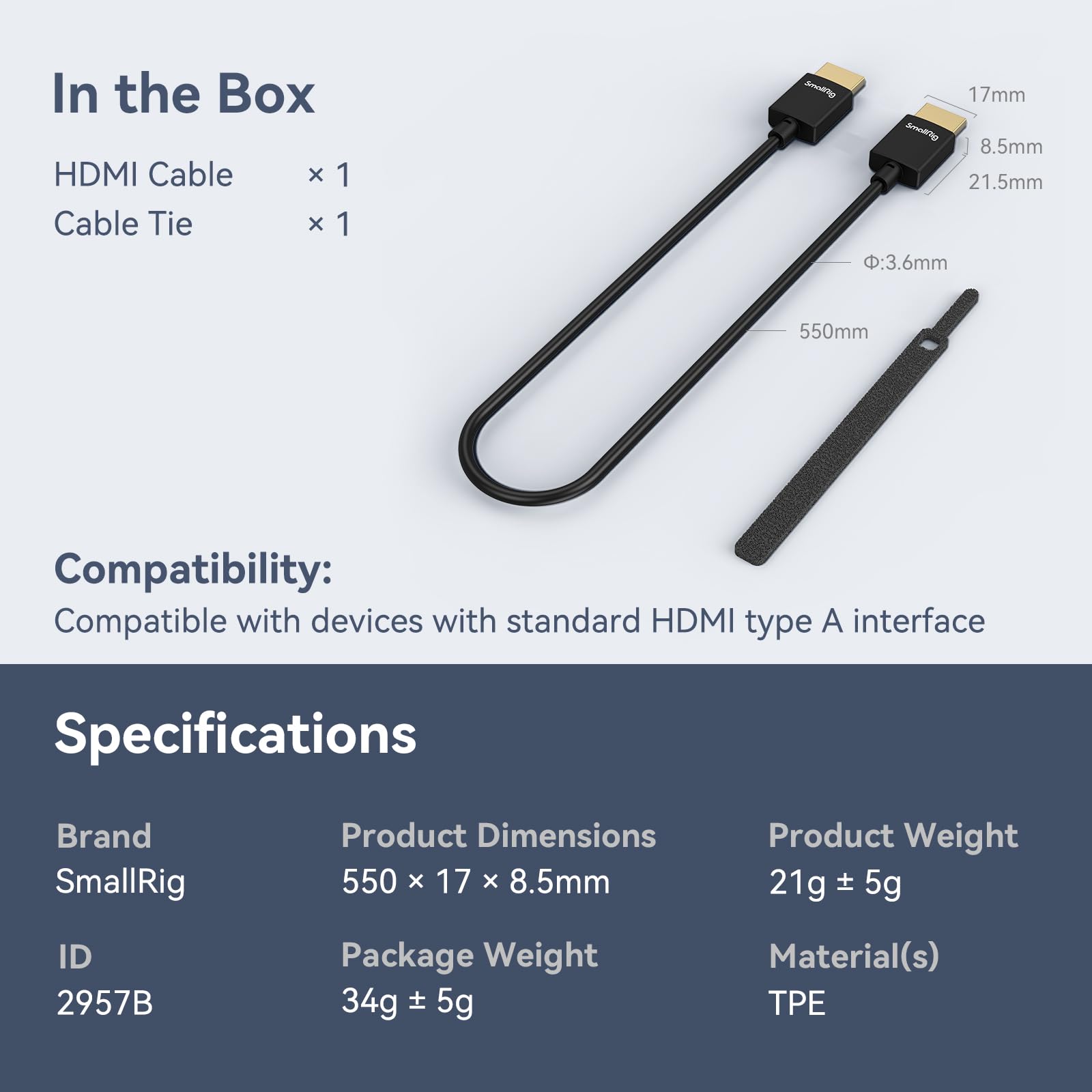 Smallrig Ultra Slanke 55Cm (A Naar A) 4K-Kabel Voor Dslr-Camera/Monitor/Draadloze Videozender En Ontvangerkabel, Geüpgraded-2957b: Default Title