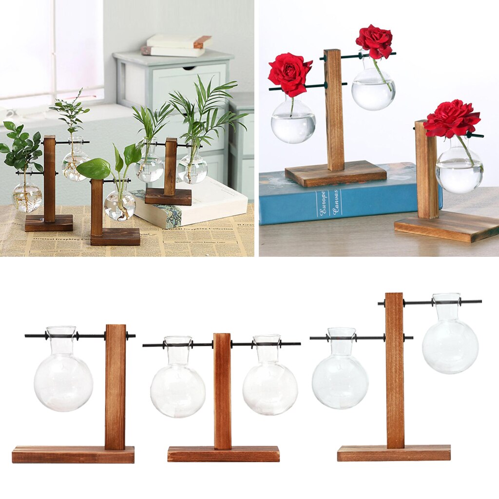 Glass Terrarium Planter Bulb Vase Archaistic Wooden Propagation Station Stand Metal Swivel Holder for Air Plants
