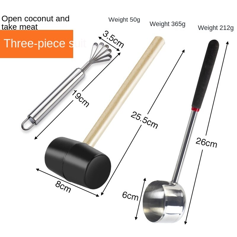 Coconut Knife Tool Set 304 Stainless Steel Coconut Opener Coconut Meat Planer Hammer Large Diameter Coconut Suction Hole: 3-piece set