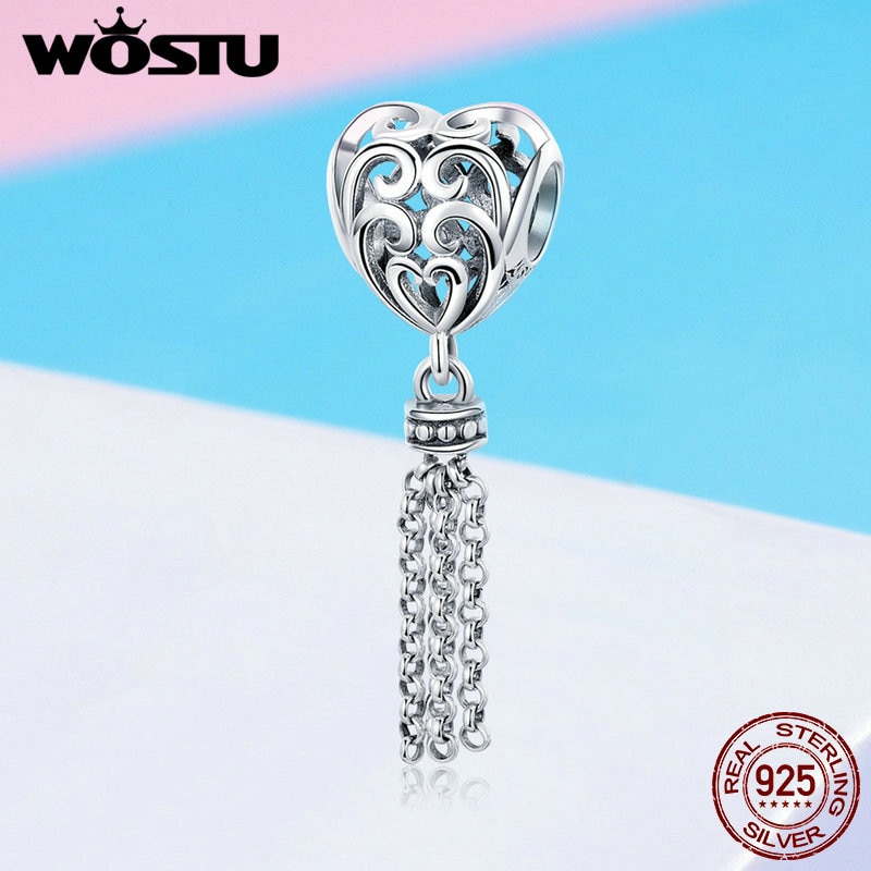 Wostu 2019 nova chegada 925 prata esterlina encantado coração borla charme caber original diy grânulo pulseira jóias presente fic722
