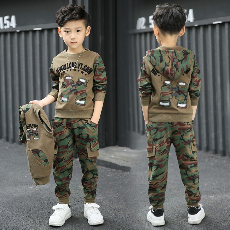 Drenge camouflage tøj sæt 3 stk til store børn hættejakke t-shirt bukse tøj jakkesæt 3 5 6 7 8 9 10 11 år