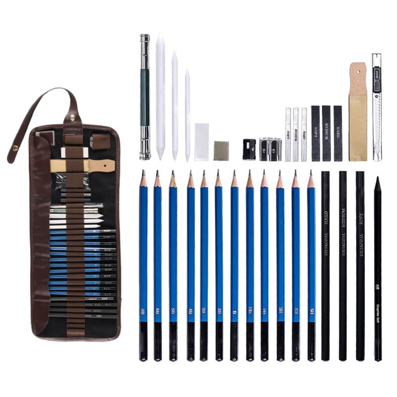 32 pièces ensemble de dessin de croquis Kit de crayon de charbon de bois Graphite sac de transport pour les étudiants d'art fournitures de peinture scolaire