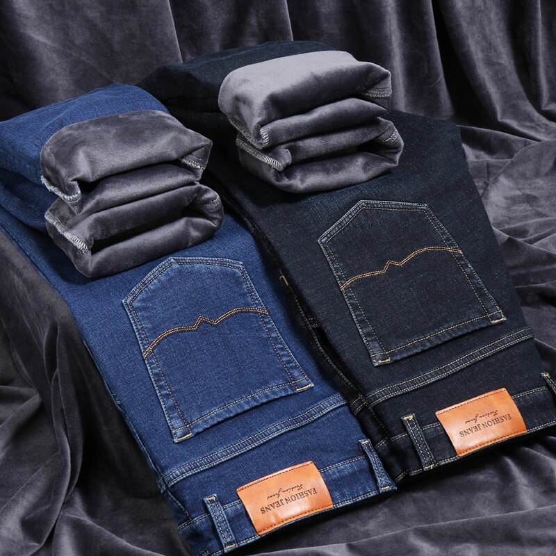 Dikke fluwelen broek warme jeans casual fleece broek heren winter overgewicht jeans blauw zwart regular fit stretch