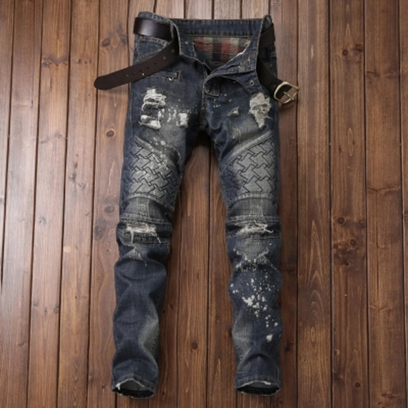 Male Jeans For Men Classical Spring Cowboy Pants Man Straight Full Length Motor Men's Jean Hole Ripped Jean For Man: 30