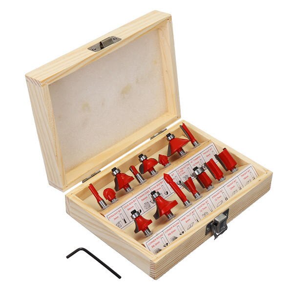 15PCS 1/4" Shank Tungsten Carbide Router Bit Set Wood Case tool kit Milling Cutter Router bit set 6.35mm