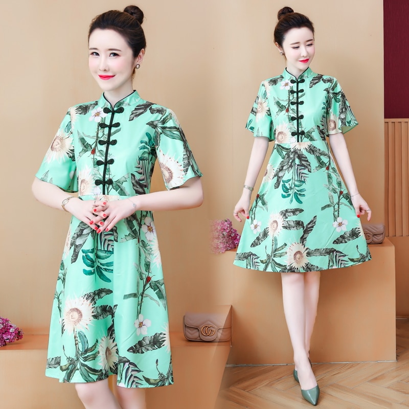 Grande Taille M-4XL Chinois Vintage Robe Qipao Parti Femmes Robe Trapèze Vert Manches Courtes D'été Robes de Cheongsam