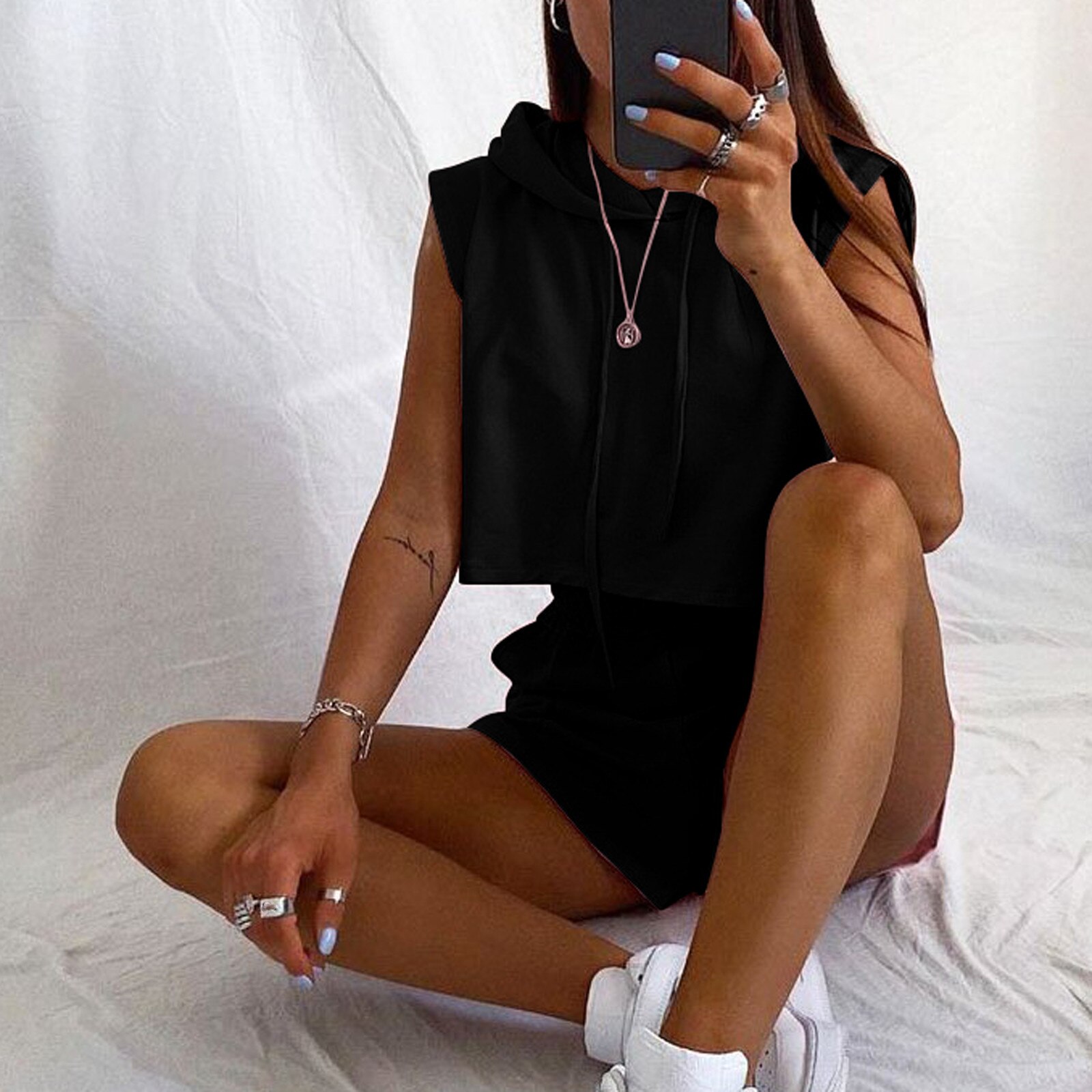 Zomer Vrouwen Effen Kleuren Mouwloze Hooded Vest Tops Pocket Shorts Casual Losse Tweedelige Fitness Running Set Sportkleding # g4
