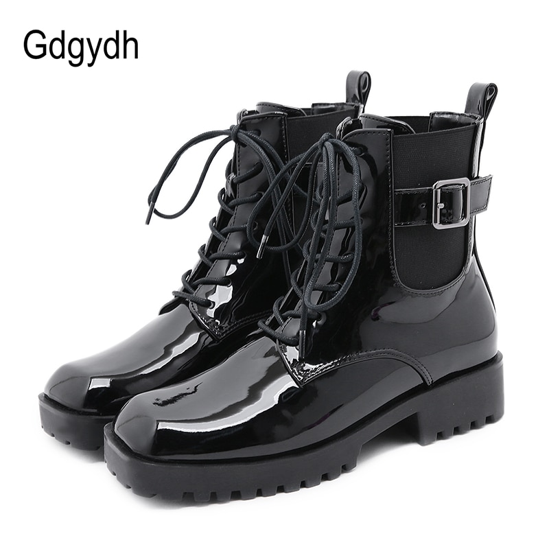 Gdgydh höst vinter kvinnor skor fyrkantig tå gotiska punk dam skor låga klackar kvinnor ankel boots metall spänne snörning korta stövlar