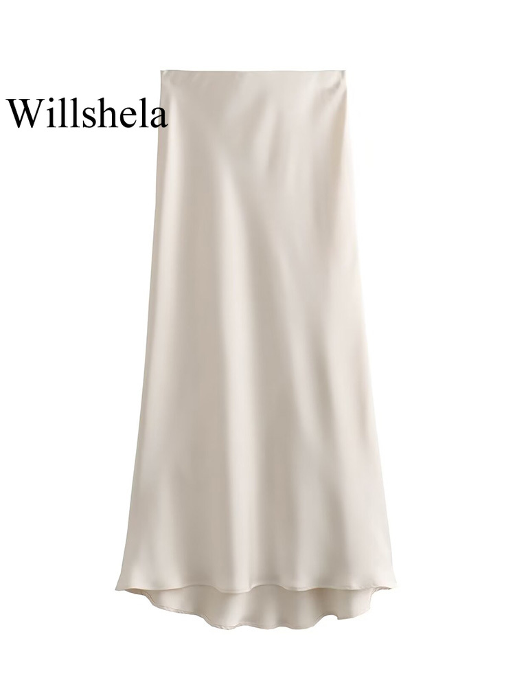 Willshela, falda Midi plisada lisa de satén a la para mujer, faldas elegantes Vintage con cintura media elástica para mujer
